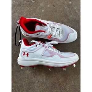 Under Armour Charged Microtips Womens Softball Cleats White Red Metal Spikes‎